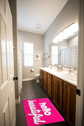 Evovee Hello Beautiful Bath Mat Hot Pink Peach Coral Magenta Cute Bathroom Rugs for Girls You Look Good Gorgeous Funny Shower Fun Bathroom Decor Non-Slip Washable Kids Women Dark Pink in Wooden and Grey Bathroom