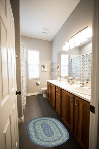 VHC Brands Jolie Farmhouse 20"x30" Accent Rug Blue Textured Jute Striped Pad Oval Floor Decor in Wooden and Grey Bathroom