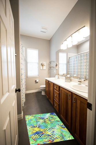 Tropics Jungle Theme Green Blue Yellow Plam Leaves Indoor Outdoor Area Rug for Patio Backyard Deck Balcony Waterproof Reversible Livingroom Bedroom Dining Office Carpet 2'x3' in Wooden and Grey Bathroom