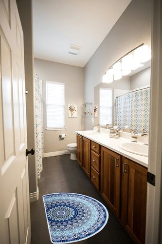 Boho Half Round Indoor Entrance Rug Doormats 36x24 Inches Absorbent Non-Slip Bedroom Front Back Outdoor Welcome for Entryway Machine Washable, Bohemian Blue Pattern in Wooden and Grey Bathroom