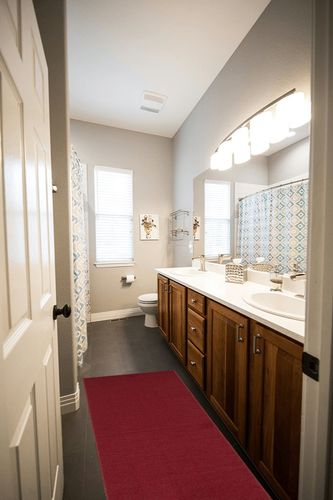 Sweet Home Stores SH Collection Solid Rubberback Indoor Runner Rug, 20" x 59", Red in Wooden and Grey Bathroom