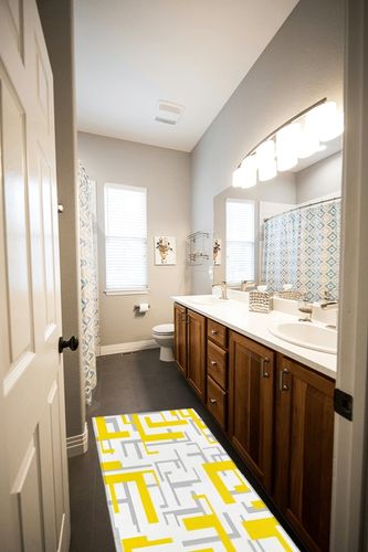 Hallway Runner Rug,Modern Geometric Pattern Yellow Gray White Non Slip Water Absorbent Rug Indoor Entrance Floor Mat Runner for Home Garage Kitchen Laundry 18x59in in Wooden and Grey Bathroom