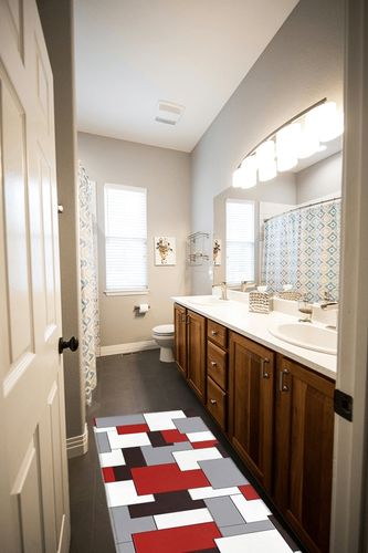 Hallway Runner Rug,Mid Century Abstract Geometric 3D Digital Print Red Gray Non Slip Water Absorbent Rug Indoor Entrance Floor Mat Runner for Home Garage Kitchen Laundry 19.7x63in in Wooden and Grey Bathroom