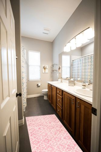 Pink Bathroom Runner Rug in Wooden and Grey Bathroom
