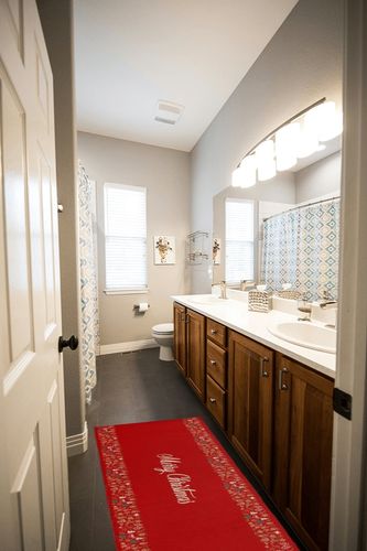 Runner Rugs, Merry Christmas Decoration Tree Gift Hat Pattern Red Non Slip Low Profile Hallway Runner Rug for Entryway Entrance Kitchen Laundry Room Bedroom, 19.7"X47.2" in Wooden and Grey Bathroom