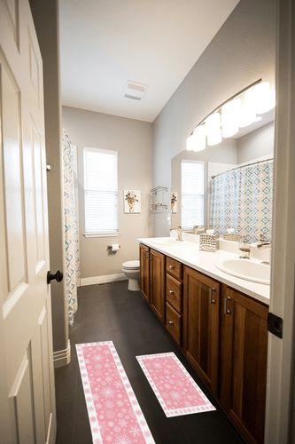 Kitchen Mat 2 Pieces, Christmas Pink Snowflake Printing Kitchen Rugs and Mats Non Slip Runner Rug Washable Floor Mats for Kitchen Home 20" x 24" + 20" x 48" in Wooden and Grey Bathroom