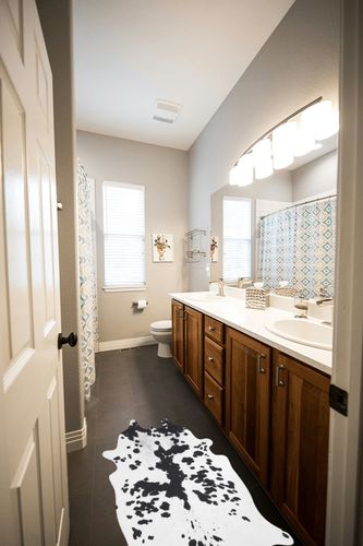 Lahome Faux Cowhide Rug - Small Cow Print Rugs for Living Room Bedroom Western Decor, Cute Animal Skin Rugs Faux Cow Hide Print Carpet for Kids Room Front Door, Black/White, 27"x43"/2.3'x3.6' in Wooden and Grey Bathroom