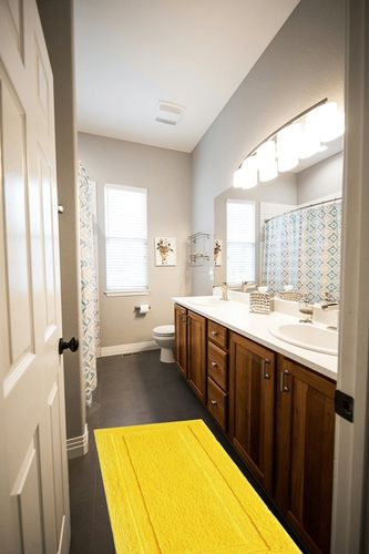 SHACOS Super Soft Bathroom Runner Rugs 20"x47" Non Slip Bath Rug Runners Microfiber Absorbent Long Bathroom Mats Long Bath Rug Machine Washable (20"x47", Yellow) in Wooden and Grey Bathroom