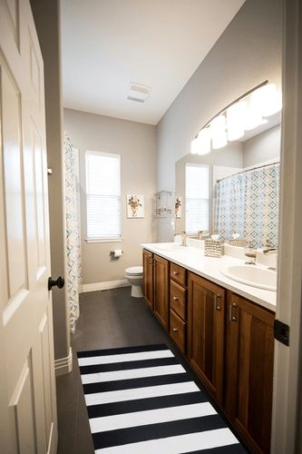 CAINANEL Black and White Striped Outdoor Rug 27.5X 43 inches Front Door Mat Hand-Woven Cotton Indoor/Outdoor for Layered Mats,Welcome Mat, Porch,Farmhouse,Kitchen,Entry Way in Wooden and Grey Bathroom