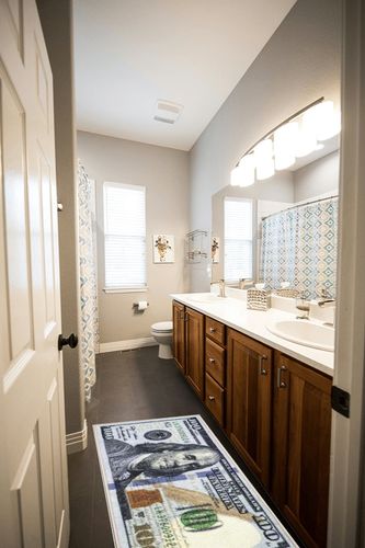 Machine Washable $100 Bill Design Non-Slip Rubberback 22x53 Modern Runner Rug for Hallway, Kitchen, Bedroom, 22" x 53", Multicolor in Wooden and Grey Bathroom