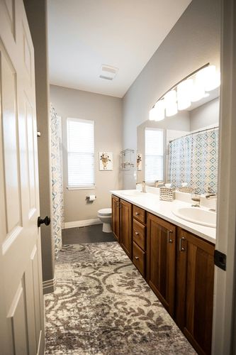 SUPERIOR Bristol Collection Patchwork Runner, Beige/Brown, 2'7" x 8' in Wooden and Grey Bathroom