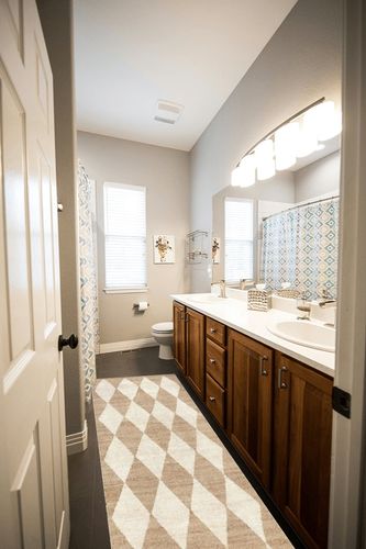 Rugs USA x Arvin Olano Louie Diamond Checkerboard Jute Area Rug, 2' x 8', Natural in Wooden and Grey Bathroom