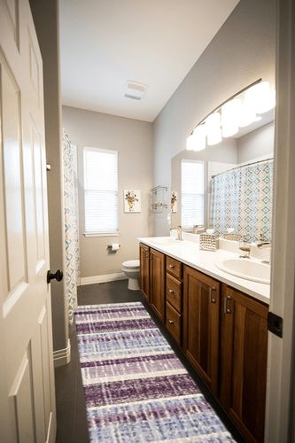 SAFAVIEH Evoke Collection 2'3" x 8' Cream / Purple EVK494A Stripe Distressed Non-Shedding Living Room Entryway Foyer Hallway Bedroom Runner Rug in Wooden and Grey Bathroom