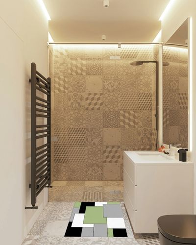 Green Black Geometric Area Rugs in White Tiled Bathroom