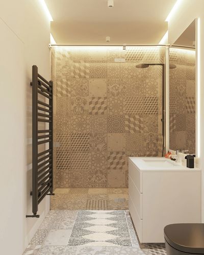 nuLOOM Sadie Moroccan Diamond Tassel Shag Accent Rug in White Tiled Bathroom