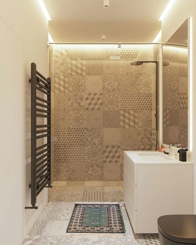 RugsTC 2′0 x 2′10 Bokhara Jaldar Area Rug with Wool Pile in White Tiled Bathroom