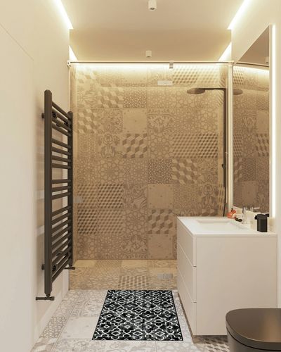 Wonnitar Moroccan Washable Area Rug in White Tiled Bathroom