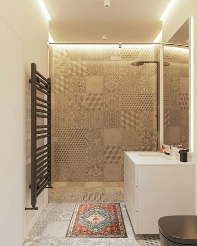 ‎Geometric Tribal ‎Oriental ‎Non Slip ‎Hallway ‎Doormat in White Tiled Bathroom
