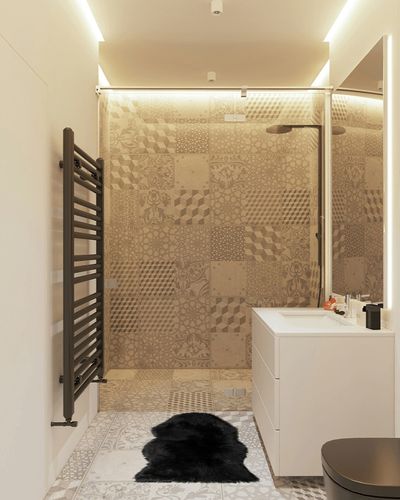 Silky Soft Faux Fur Rug, 2 ft. x 3 ft. Black Fluffy Rug, Sheepskin Area Rug, Shaggy Rug for Living Room, Bedroom, Kid's Room, or Nursery, Home Décor Accent, Machine Washable with Non-Slip Backing in White Tiled Bathroom