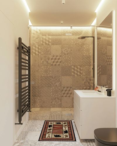 Rustic Lodge, Bear Cabin 2x3 Area Rug, 26"x39" Multi 7463 in White Tiled Bathroom