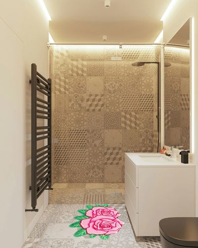 Pink Rose Bathroom Rugs Cute Flower Shaped Bath Mat Green Leaf Decor Bath Rug Non Slip Floor Door Carpet Microfiber Bathmat Absorbent Washable Bathtub Mats for Shower Tub for Bathroom 25.6" x 25.6'' in White Tiled Bathroom