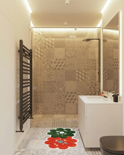 Carmoion Bath Mat, Two Flower Bathroom Rug Mat Non-Slip Microfiber Shower Bath Rug,Shaggy Bath Carpet, Machine Washable, Great for Bathroom Floor, 18.5"x31.5" in White Tiled Bathroom