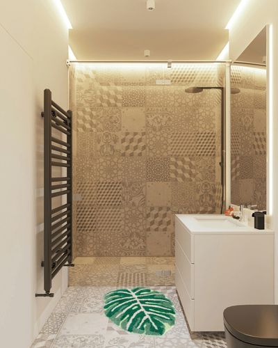 FrecklePot Monstera Non Slip Bath Mat or Kitchen Tufted Rug, Plant Leaf Shaped Kids Pets Floor Mat Carpet, Green, 31.5" x 23.6" in White Tiled Bathroom