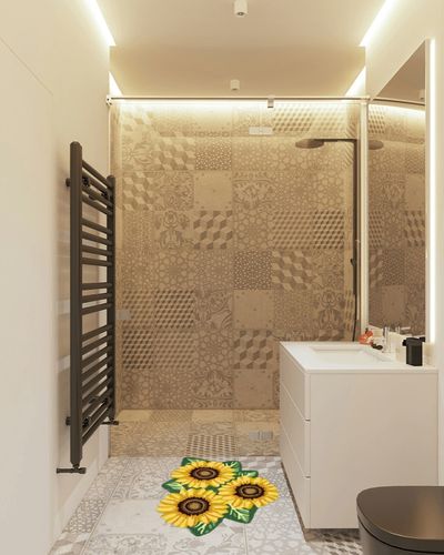 USTIDE Sunflower Rug for Kitchen Handmade Rug Yellow Flower Floor Mat Modern Rustic Carpet Washable Non-Slip Bathroom Mat for Bedroom/Foyer 3x2 in White Tiled Bathroom