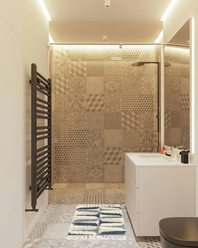 Mitzy Geometric Blue Area Rug Wade Logan Rug Size: Rectangle 2'2" x 3'1" in White Tiled Bathroom