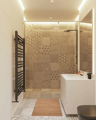 Angela Rose x Loloi 2'0" 3'0" Natural/Clay Small Colton CON-05 Area Rug in White Tiled Bathroom