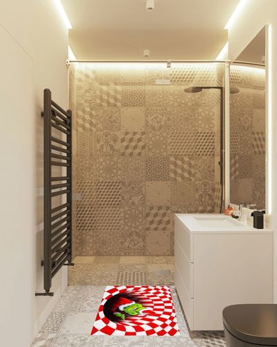wiemsdoy Merry Grinchmas Christmas Rugs and Mat, Non-Slip Visual 3D Illusion Door Mat,for Christmas Indoor Outdoor Home Party (1.6FT x 2.6FT, Red) in White Tiled Bathroom
