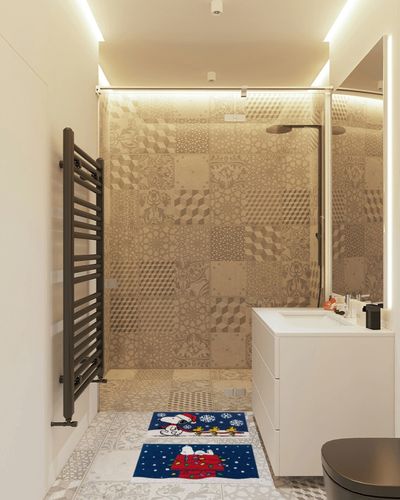 Gertmenian Peanuts Coir Mat (2-Pack), Indoor Outdoor Welcome Mats for Front Door, Home Entrance, Garage, and Back Door, Home Decor, 20" x 34" Each, Snoopy Snowflake/Dog House Lights, 80004 in White Tiled Bathroom