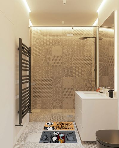 Gertmenian Nightmare Before Christmas Coir Mat (2-Pack), Indoor Outdoor Welcome Mats for Front and Back Door, Home Entrance, and Garage, Home Decor, 20x34 Each, Welcome Nightmare/Jack & Sally, 80005 in White Tiled Bathroom