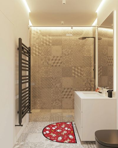 Christmas Xmas Decor Half Round Doormat Santa Claus Snowman Washable Semi Circle Area Rug Non Slip Absorbent Half Moon Rug for Indoor Outdoor Bathroom Kitchen Living Room Fireplace Floor Mat in White Tiled Bathroom