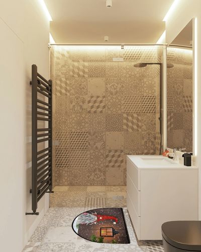 Christmas Traditional Gnome Half Round Doormat Xmas Cute Gnome Washable Semi Circle Area Rug Non Slip Absorbent Half Moon Rug for Indoor Outdoor Bathroom Kitchen Living Room Fireplace Floor Mat in White Tiled Bathroom