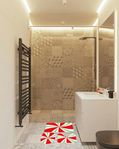 Bathroom Rugs Set 3 Piece Red and Green Candy Christmas Bath Rug Mat Set, Non Slip Absorbent Bathroom Decor Mat, Toilet Lid Cover & U Shaped Contour Rug in White Tiled Bathroom