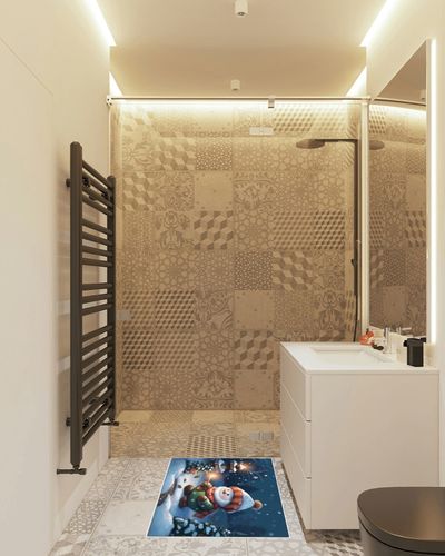 OComster Christmas Rectangle Shape Large Area Rugs - 2 x 3 Feet Xmas Cartoon Snowman Gnomes Snowfield Pine Tree - (Non-Woven + Rubber) Low File Floor Mat in White Tiled Bathroom