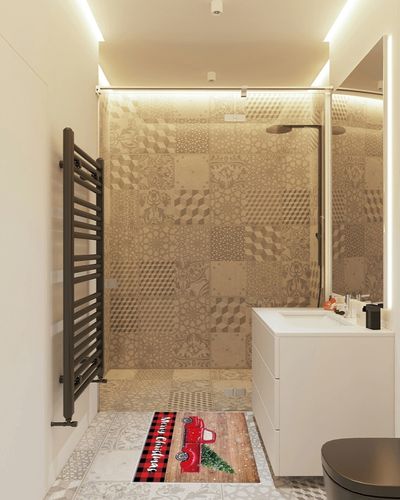 Area Rug 2x3 Feet, Xmas Tree Red Buffalo Plaid Snowflake Christmas Vintage Red Truck Rug, Rugs for Living Room Decor Bedroom Decor Kids Room, Non-Slip Living Room Rugs, Comrft Carpet Washable Rug in White Tiled Bathroom