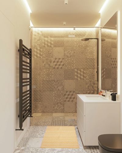 DII Woven Rugs Collection Hand-Loomed, 2x3', Honey Gold Dobby Stripe in White Tiled Bathroom