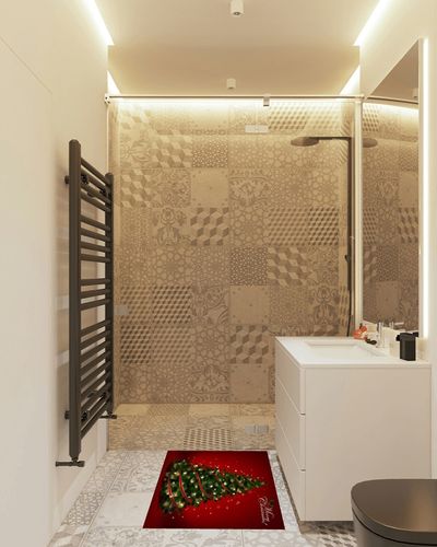 Area Rugs Non-Slip Washable Rug Christmas Tree Wrapped with Red Ribbon with Bells Indoor Rug Rubber Backing Floor Mats Home Decor Carpet for Living Room Dining Room Non Shedding 2x3 Ft in White Tiled Bathroom