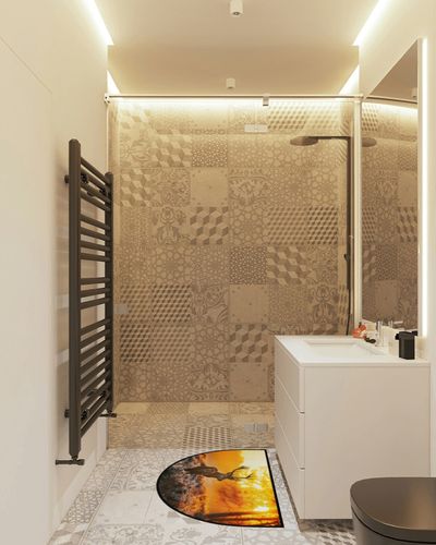 FengQuGou Christmas Deer Half Round Doormat Forest Sunset Washable Semi Circle Area Rug Non Slip Absorbent Half Moon Rug for Indoor Outdoor Bathroom Kitchen Living Room Fireplace Floor Mat in White Tiled Bathroom