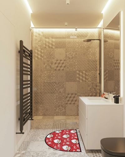 FengQuGou Christmas Santa Claus Half Round Doormat Xmas Red HoHo Washable Semi Circle Area Rug Non Slip Absorbent Half Moon Rug for Indoor Outdoor Bathroom Kitchen Living Room Fireplace Floor Mat in White Tiled Bathroom