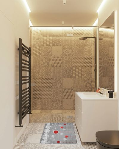 Ambesonne Christmas Bath Mat, Traditional Celebration Theme Pendant Stars Baubles Ornate Snowflakes, Plush Bathroom Decor Mat with Non Slip Backing, 29.5" X 17.5", Grey Orange in White Tiled Bathroom