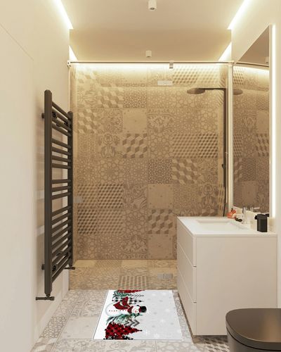 Christmas Area Rug, 2' x 3' Large Indoor and Outdoor Area Rugs with No-Slip Backing, Easy to Clean, Perfect for Living Room/Bedroom/Patio/Picnic/Decking, Cute Snowman Xmas Tree Grey Background in White Tiled Bathroom