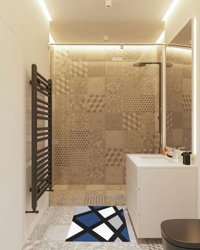 Geometric Plush Shag Bath Rugs Blue Grey White Diamond Squares Soft Fluffy Floor Doormat Carpet,Non-Slip Door Mats for Living Room Bedroom Kitchen Entryway Modern Abstract in White Tiled Bathroom