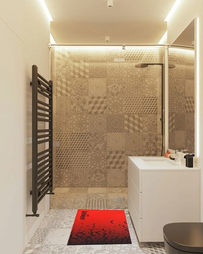 Happy Halloween Plush Shag Bath Rugs Black Bats Red Gradient Soft Fluffy Floor Doormat Carpet,Non-Slip Door Mats for Living Room Bedroom Kitchen Entryway Horror Animals in White Tiled Bathroom