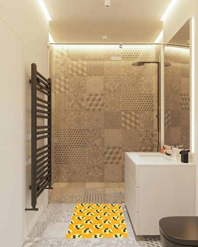 Halloween Plush Shag Bath Rugs Spooky Black Bats Animals Soft Fluffy Floor Doormat Carpet,Non-Slip Door Mats for Living Room Bedroom Kitchen Entryway Yellow Moon Orange in White Tiled Bathroom