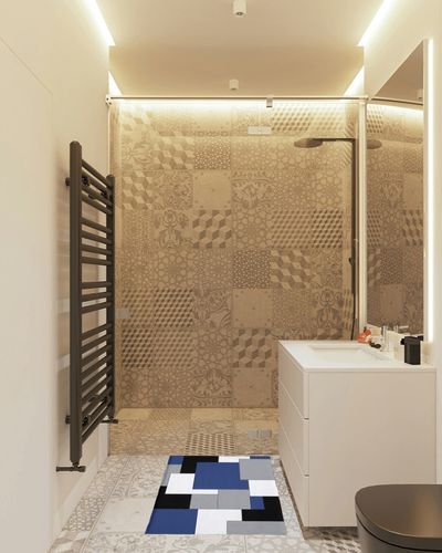 Navy Blue Black Gray White Checkered Ultra Soft Bathroom Rug, Shag Floor Bath Mat Warm Fluffy Carpet Non-Skid Shaggy Washable Door Mats, Abstract Art Color Blocks Entrance Welcome Rugs18 x30 in White Tiled Bathroom
