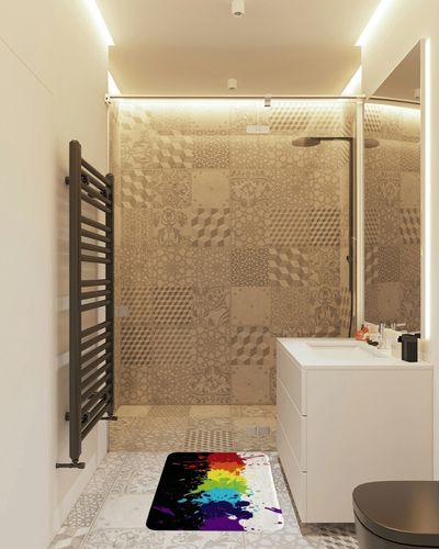 Rainbow Tie Dye Rugs,Colorful Splash Paint Fluffy Rugs for Bedroom Multicolor Grafitti Durable Indoor Entry Rug Luxury,Modern Abstract Non Slip Bathroom Carpet Black White 18x30 inches in White Tiled Bathroom