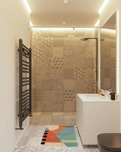 SAFAVIEH Rodeo Drive Collection Accent Rug - 2' x 3', Gold, Handmade Mid-Century Modern Abstract Wool, Ideal for High Traffic Areas in Entryway, Living Room, Bedroom (RD863A) in White Tiled Bathroom